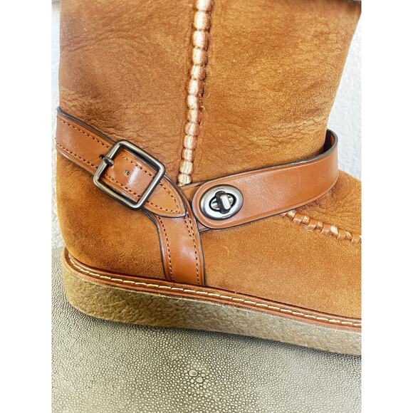 COACH Moto Shearling Turnlock Harness Brown Suede Winter Boot Size 7 - Picture 3 of 12